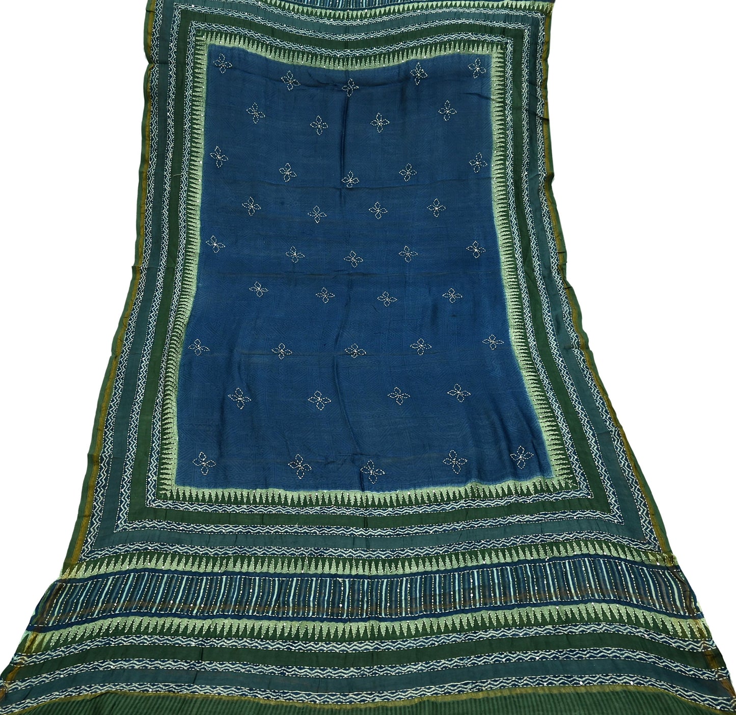 Indian Vintage Dupatta Green & Blue Long Stole Pure Chanderi Silk Hand Embroidered kantha stole Scarves Veil Wrap Soft Floral