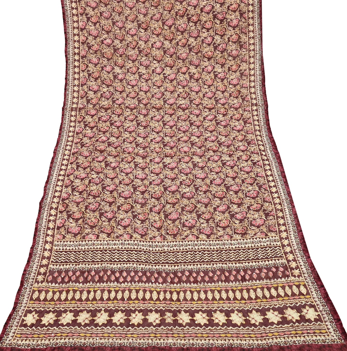 Indian Vintage Dupatta Maroon Long Stole Hand Embroidered kantha stole Scarves Veil Wrap Soft Floral