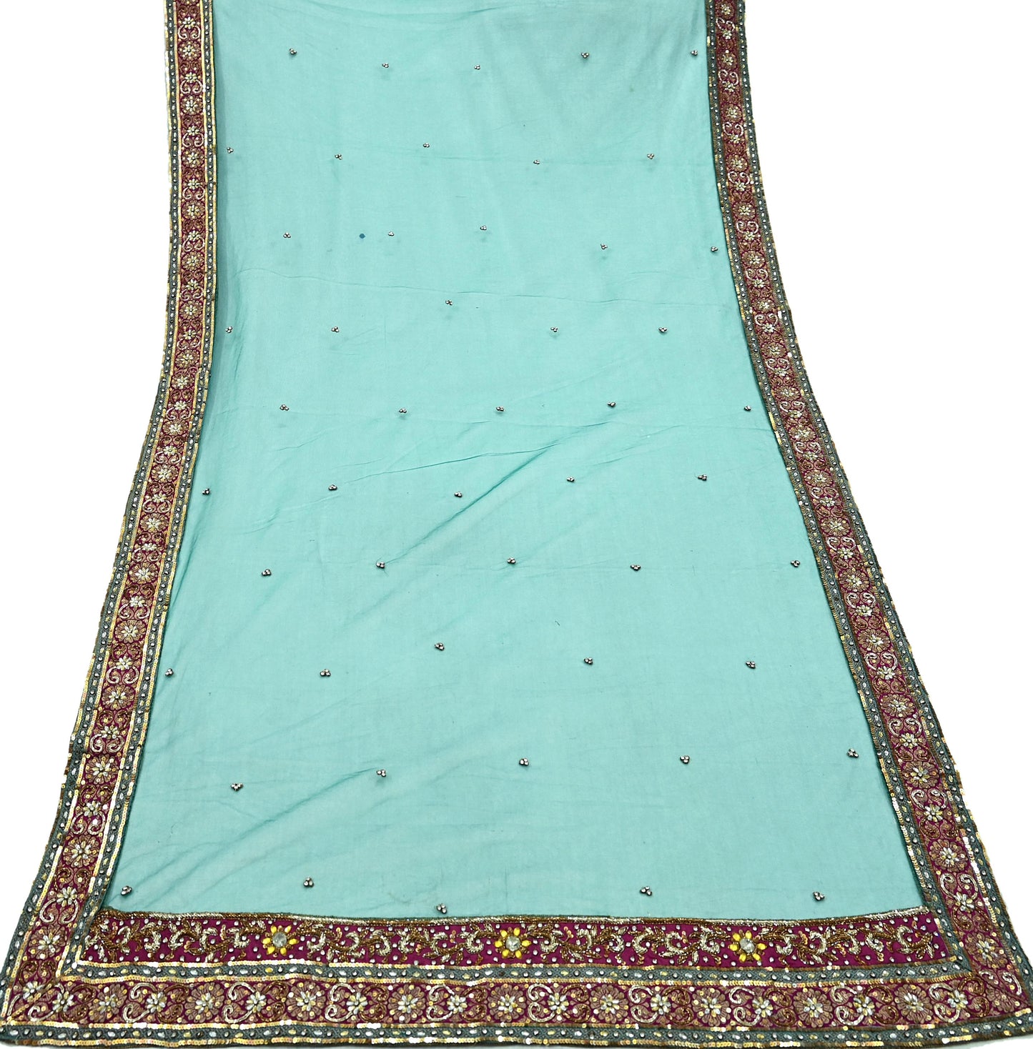 Indian Vintage Heavy Bridal Green Net Dupatta | Hand Embroidered Zardozi Zari Sequins Stole | Floral Design Hijab Veil | Wedding/Party Wear
