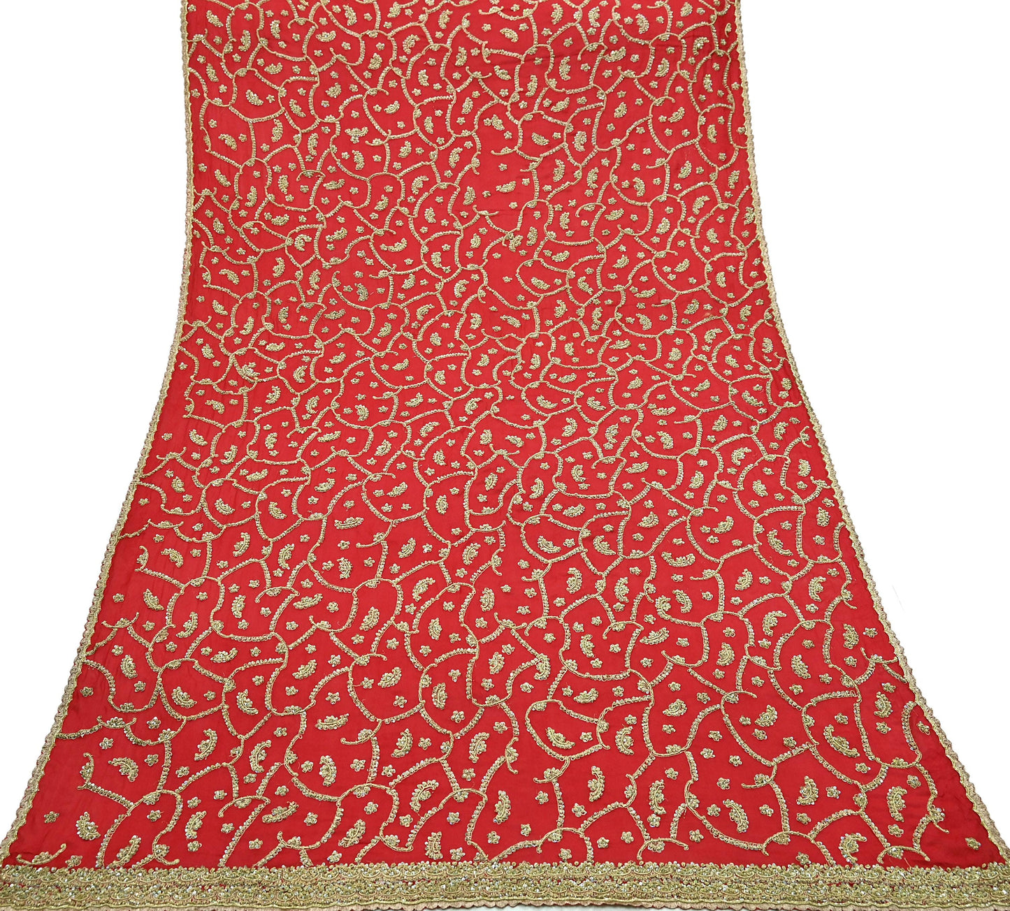 Indian Vintage Red Dupatta Pure Chiffon silk Long Stole Hand Embroidered Scarves Floral Design Stole Veil Wrap Zari Zardozi