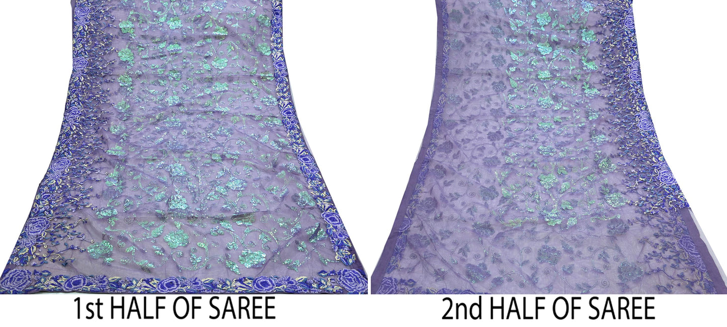Indian Vintage Heavy Sari Purple Net/Mesh Embroidered Sarees Fabric 5Yd Sewing Soft Floral Craft Fabric Dress making Crafting Bollywood sari