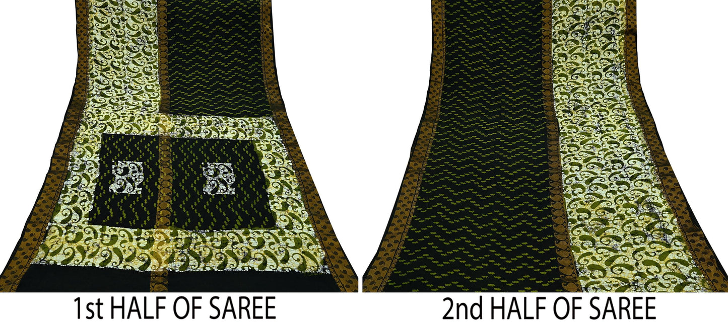 Indian Vintage Sari Green & Ivory Batik Printed Saree 100% Pure Cotton 5Yd Craft Fabric Soft Sewing Sarong Wrap Boho Quilting Dress Making