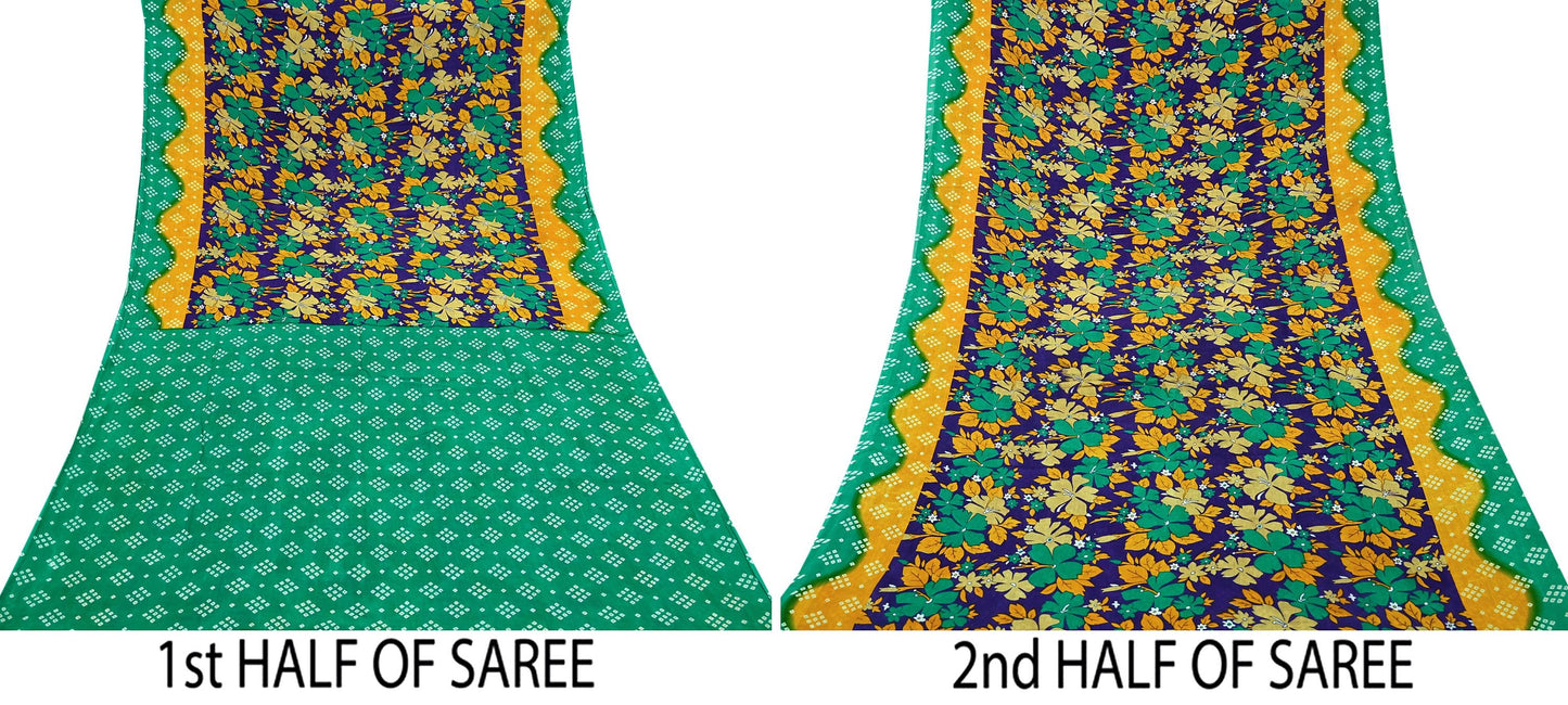 Indian Vintage Sari Green & Purple Pure Cotton Bandhani Printed Sarees 5yd Sewing Craft Fabric Dress Making Soft Sarong Quilting Crafting