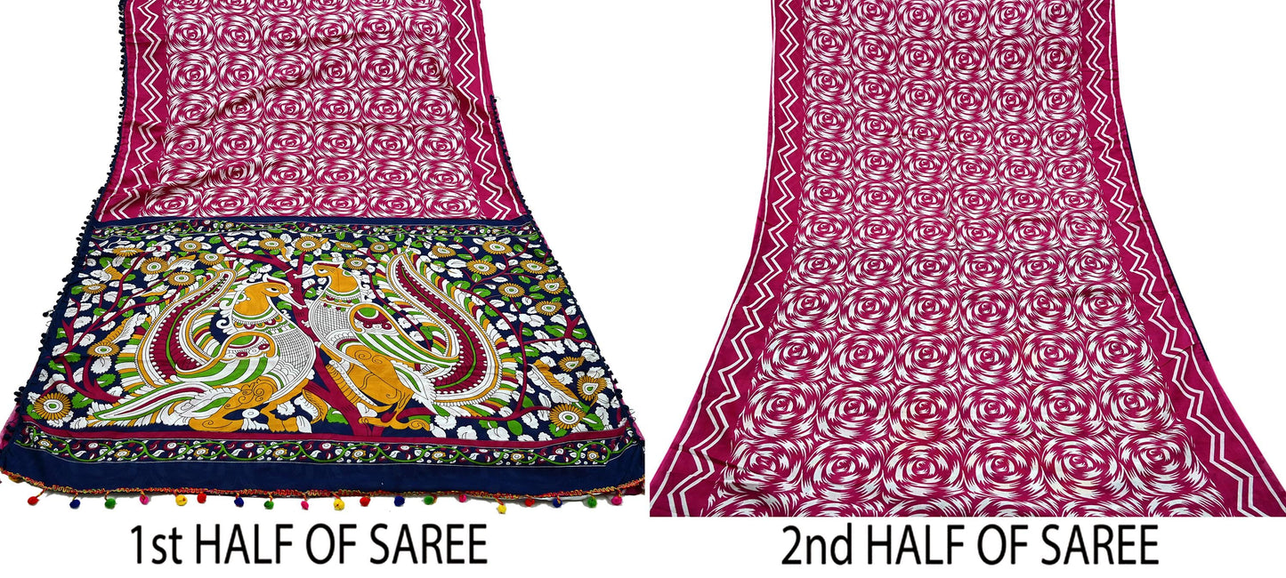 Indian Vintage Sari Kalamkari Printed Pure Cotton Saree Fabric Soft Floral 5Yd Sarong Wrap Fabric Peacock Dress making Crafting Quilting