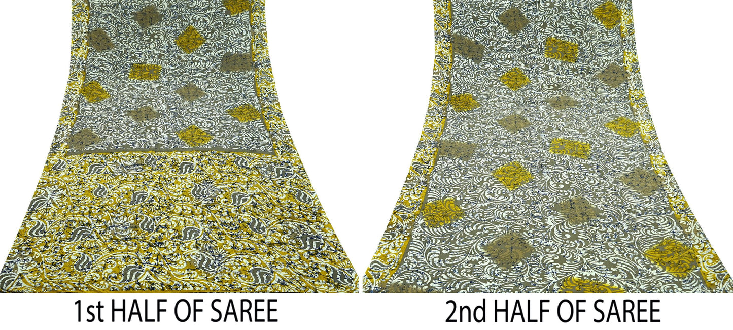Indian Vintage Saree Yellow & Gray Moss Crepe Printed Sari | 5 Yards | Floral Soft Fabric for Sewing, Dressmaking, Crafting, Quilting