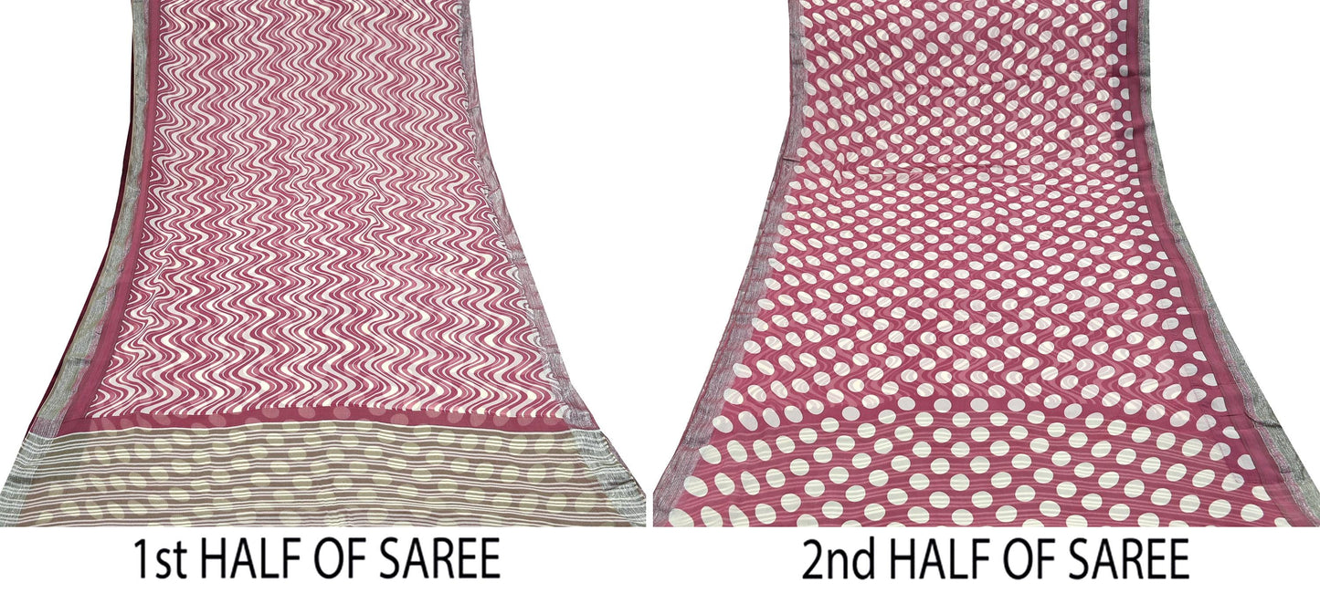 Indian Vintage Pure Chiffon Silk Saree | Printed Abstract Design | 5 Yards | Sheer Soft Fabric for Sewing, Dressmaking, Craft Projects