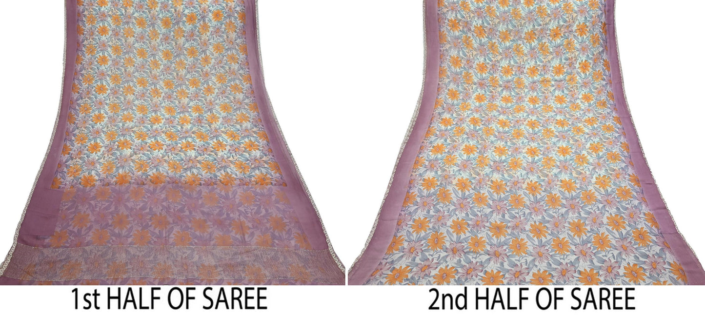 Indian Vintage Pure Chiffon Silk Saree | Printed Floral Design | 5 Yards | Sheer Soft Fabric for Sewing, Dressmaking, Craft Projects, Zari