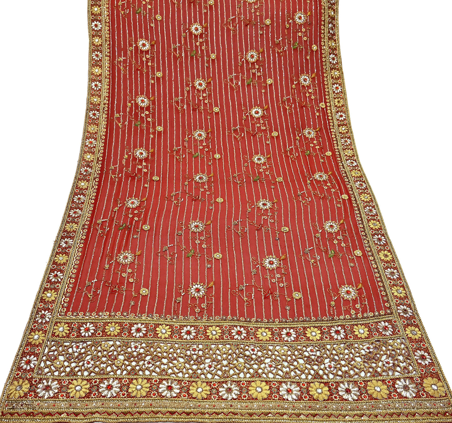 Indian Pre-owned Heavy Red Pure Georgette Silk Hand Embroidered Dupatta Designer By Manish Malhotra Bridal Wear Dabka Zardozi Veil Hijab