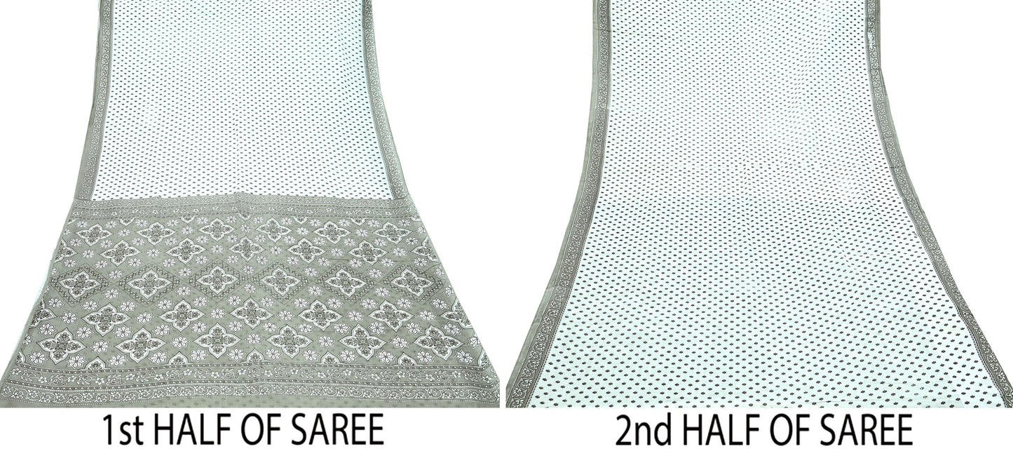 Indian Vintage White & Gray Printed Pure Cotton Saree | 5 Yards | Fabric for Sewing, Crafting, Quilting, Upcycling, Dressmaking, Boho