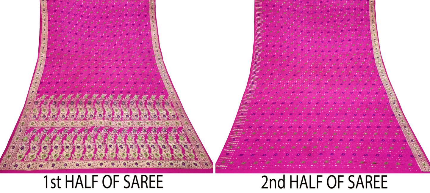 Indian Vintage Sari Magenta Heavy Pure Satin Silk Woven Banarasi Brocade Saree Zari 5Yd Ethnic Dress making Crafting Bollywood