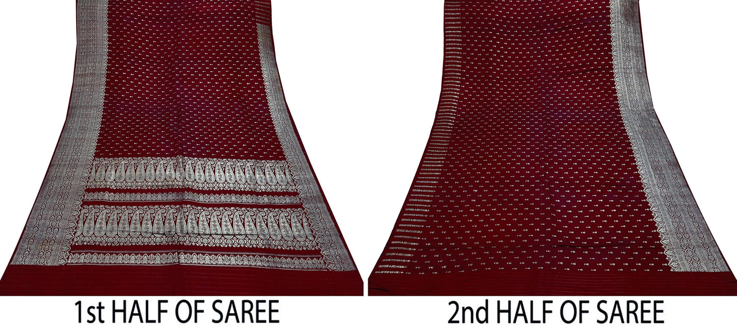 Vintage Banarasi Saree Pure Satin Silk Woven Brocade Zari Fabric Maroon Heavy Craft Sari 5 Yards Indian Antique Textile Dress Making