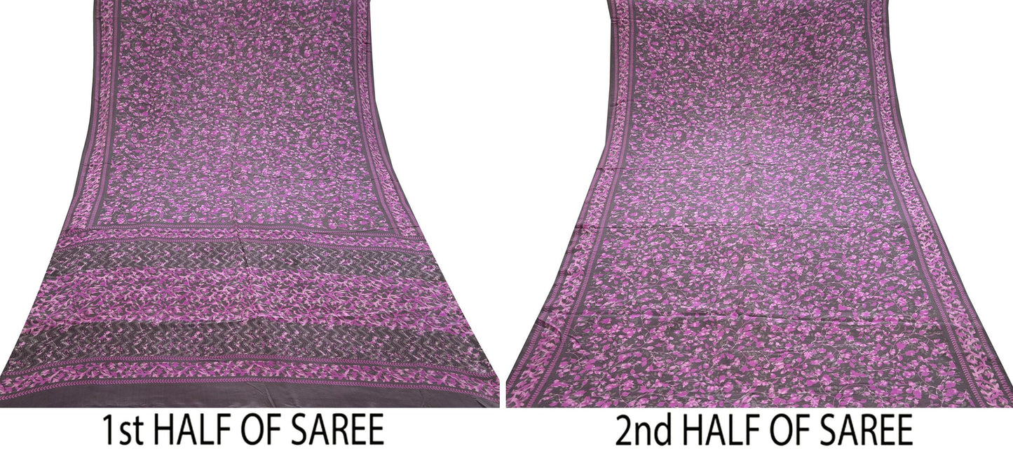 Indian Vintage Pure Crepe Silk Printed Saree | 6 Yards | Floral Craft Fabric | Soft Drape for Sewing, Dressmaking, Quilting &Upcycling