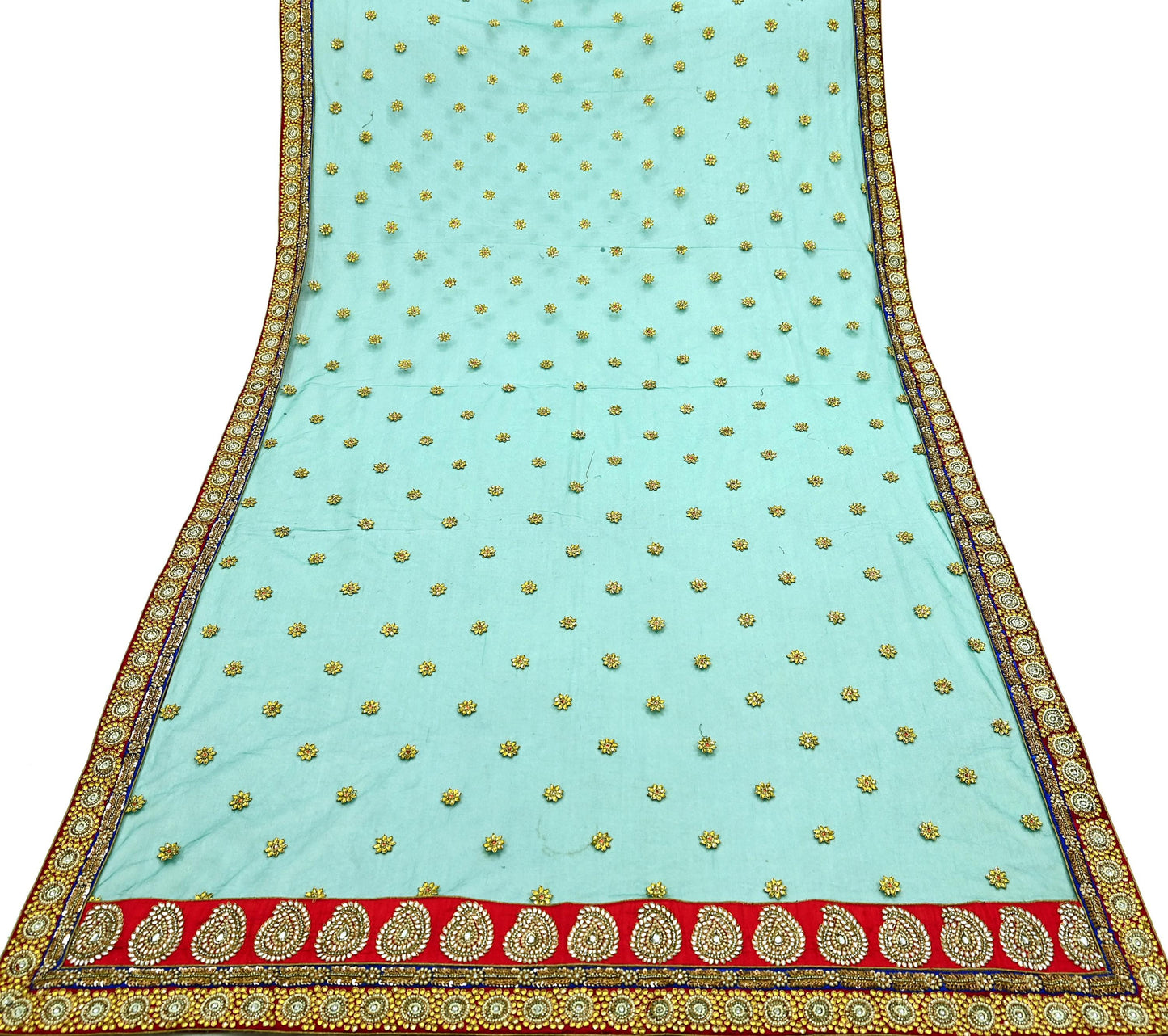 Indian Vintage Heavy Bridal Green Net Dupatta | Hand Embroidered Zardozi Zari Sequins Stole | Floral Design Hijab Veil | Wedding/Party Wear