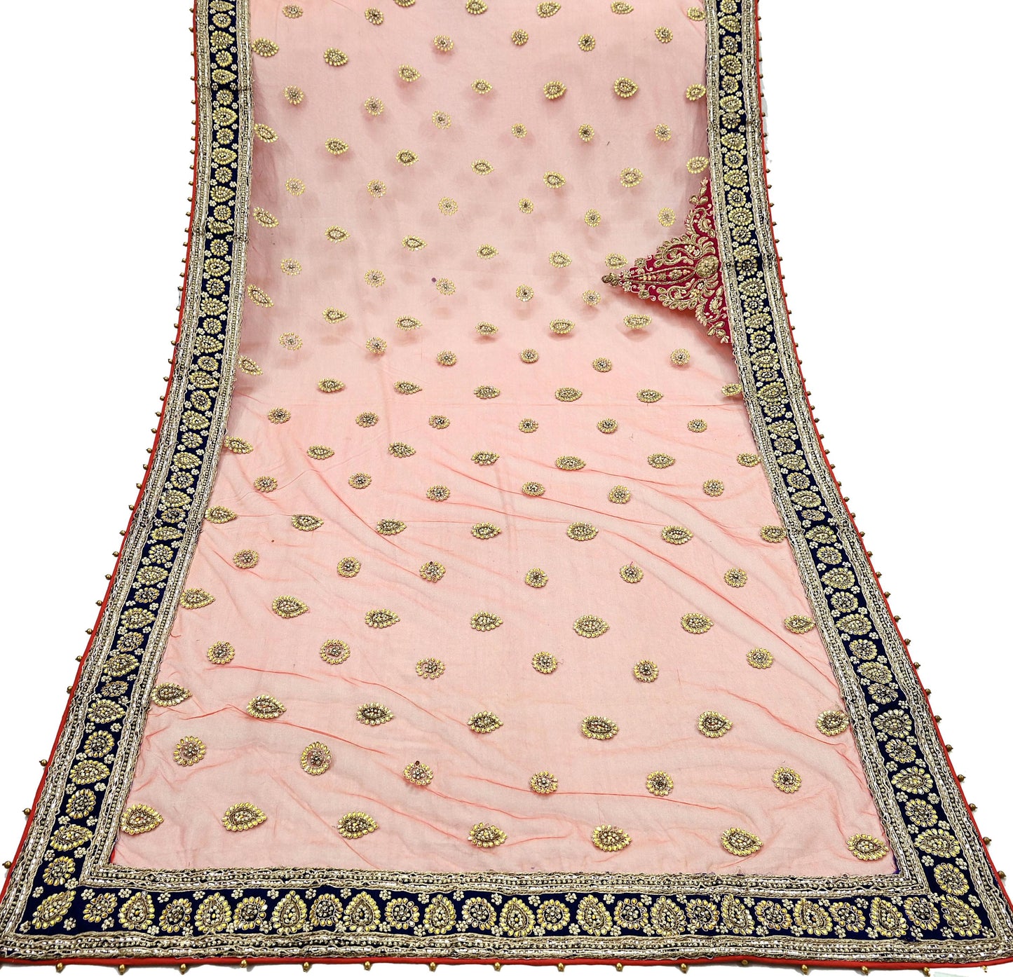 Indian Vintage Heavy Bridal Orange Dupatta Net Mesh Long Stole Hand Embroidered Scarves Golden Zardozi Dabka Zari Sequins Wedding Veil Hijab