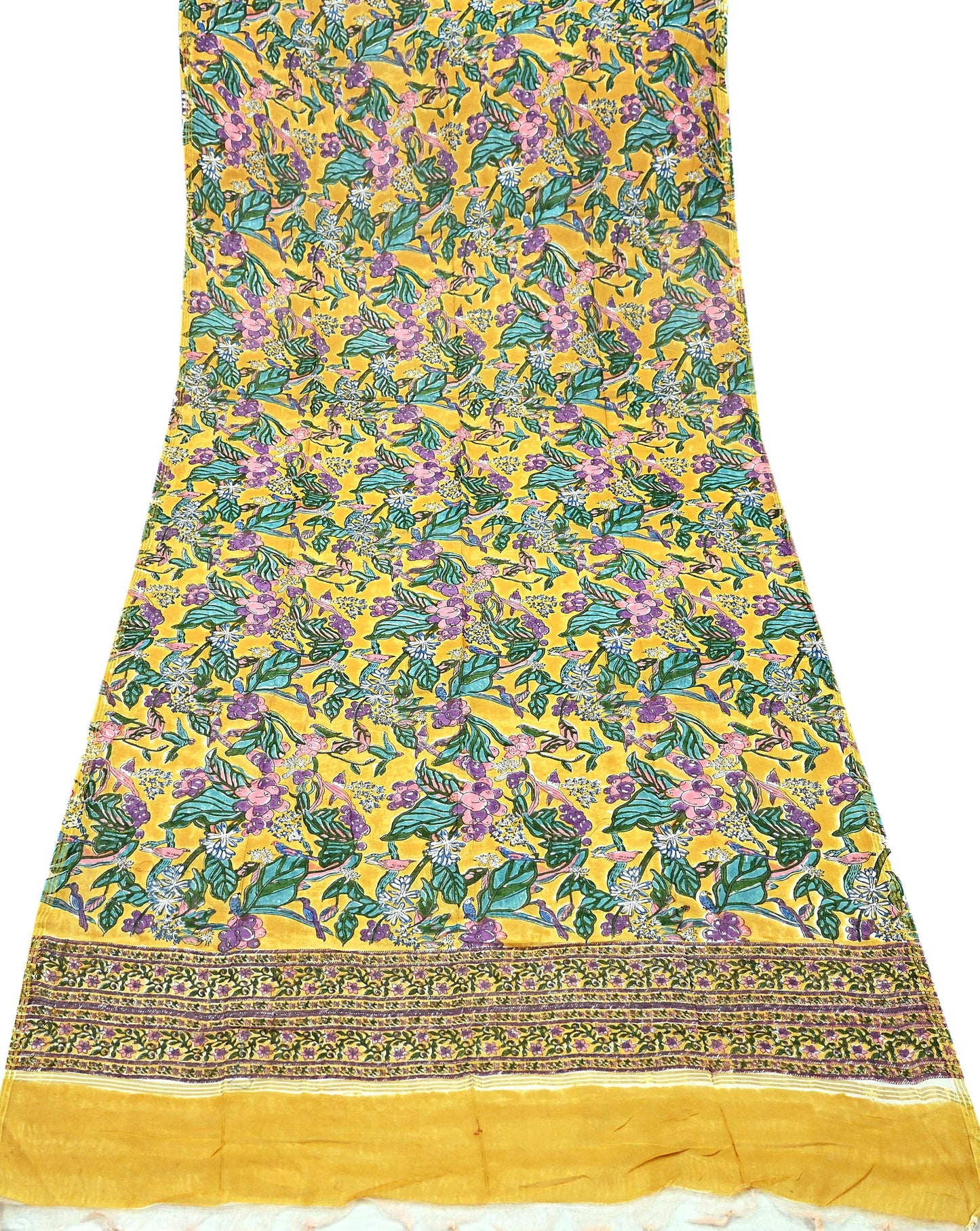 Indian Vintage Saffron Dupatta Long Stole Hand Block Print Pure Chanderi Silk Scarves Veil Golden Zari