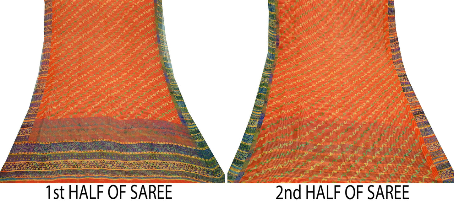 Indian Vintage Sari Orange Pure Georgette Silk Printed Sarees 6Yd Craft Fabric Sewing Light Weight Sari Quilting Dress making Crafting