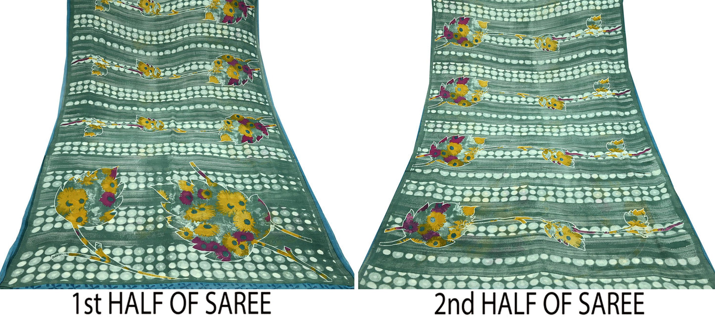 Indian Vintage Sari Green 100% Pure Georgette Silk Printed Sarees Sewing 5yd Craft Soft Dress Designing for Crafting Abstract
