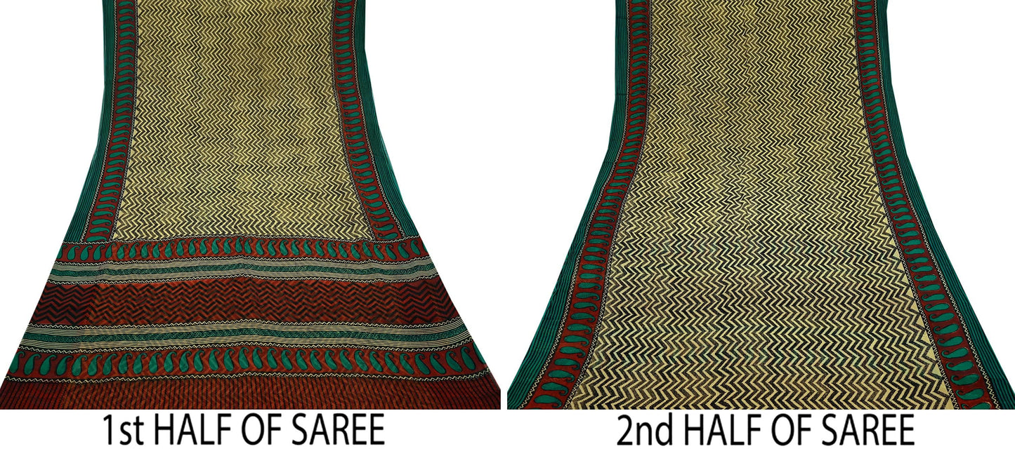 Indian Vintage Beige Pure Chiffon Silk Saree | Printed Zigzag Design | 5 Yards | Sheer Soft Fabric for Sewing, Dressmaking,