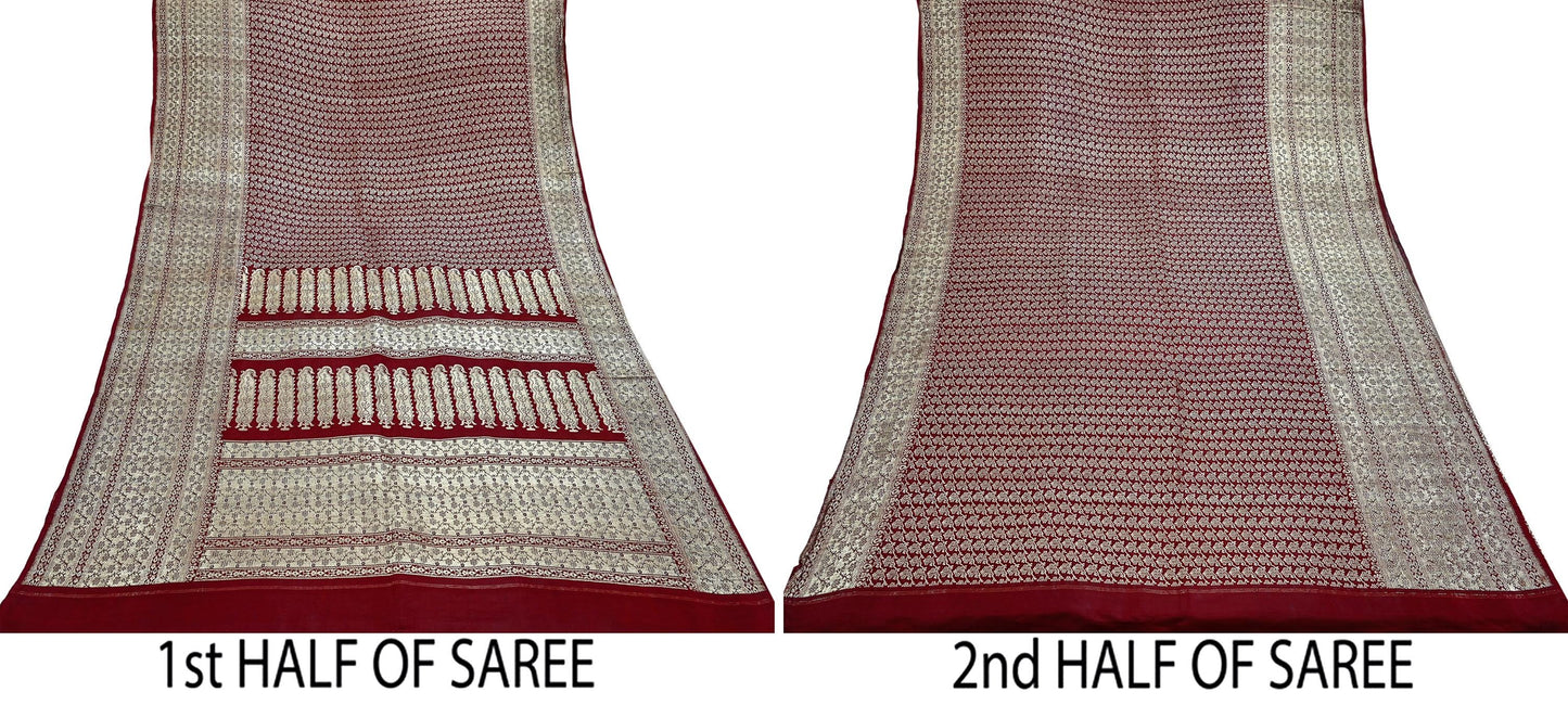 Vintage Banarasi Saree Pure Satin Silk Woven Brocade Zari Fabric Maroon Heavy Craft Sari 5 Yards Indian Antique Textile Dress Making