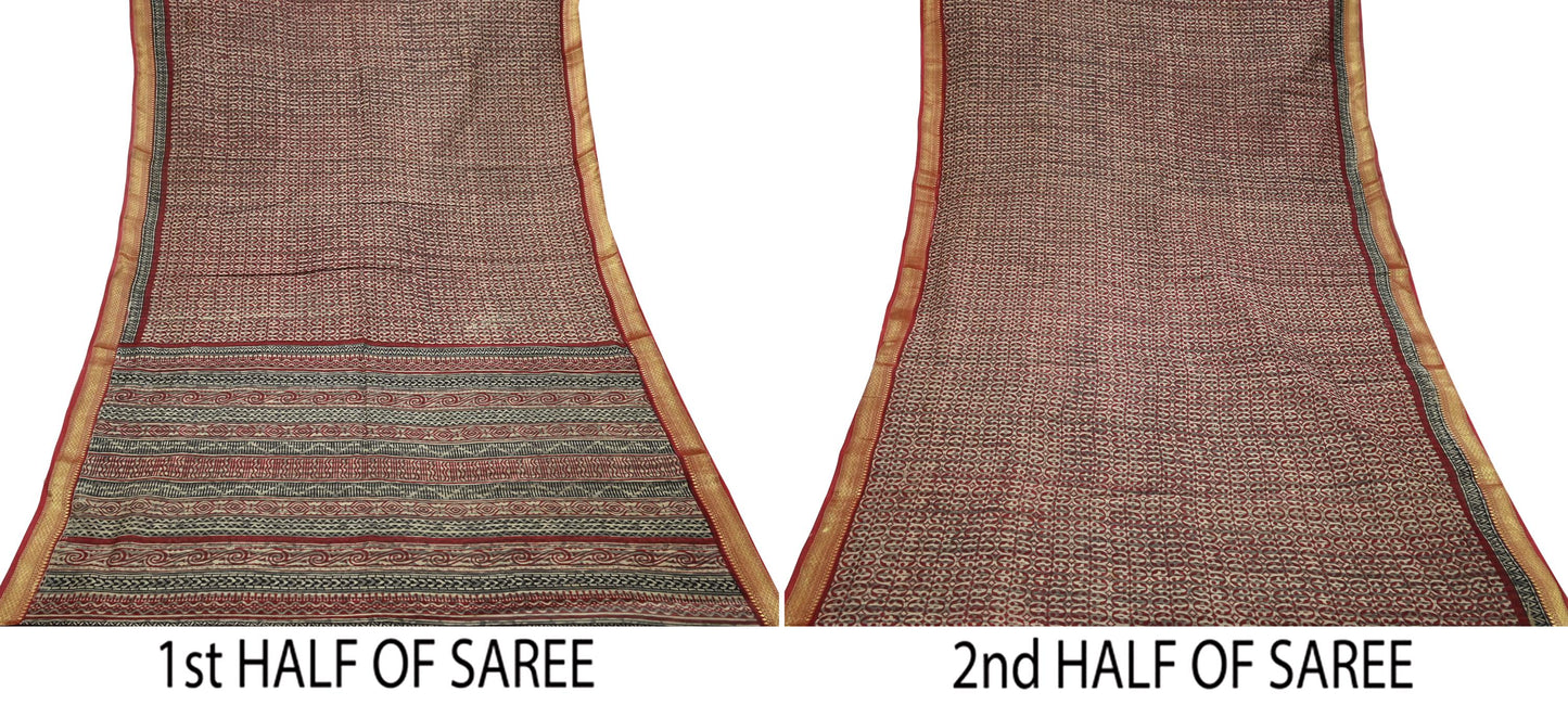 Indian Vintage Sari Beige & Maroon Printed Pure Cotton Saree Craft Fabric 5Yd Soft Sewing Sarong Wrap Boho Floral Dress making Crafting