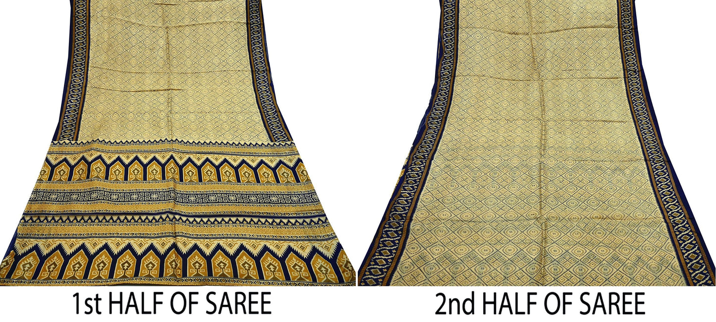 Vintage Sari Beige & Blue Pure Silk Printed Saree Fabric 5yard Sewing Soft Dress Designing for Crafting Quilting Upcycle Soft