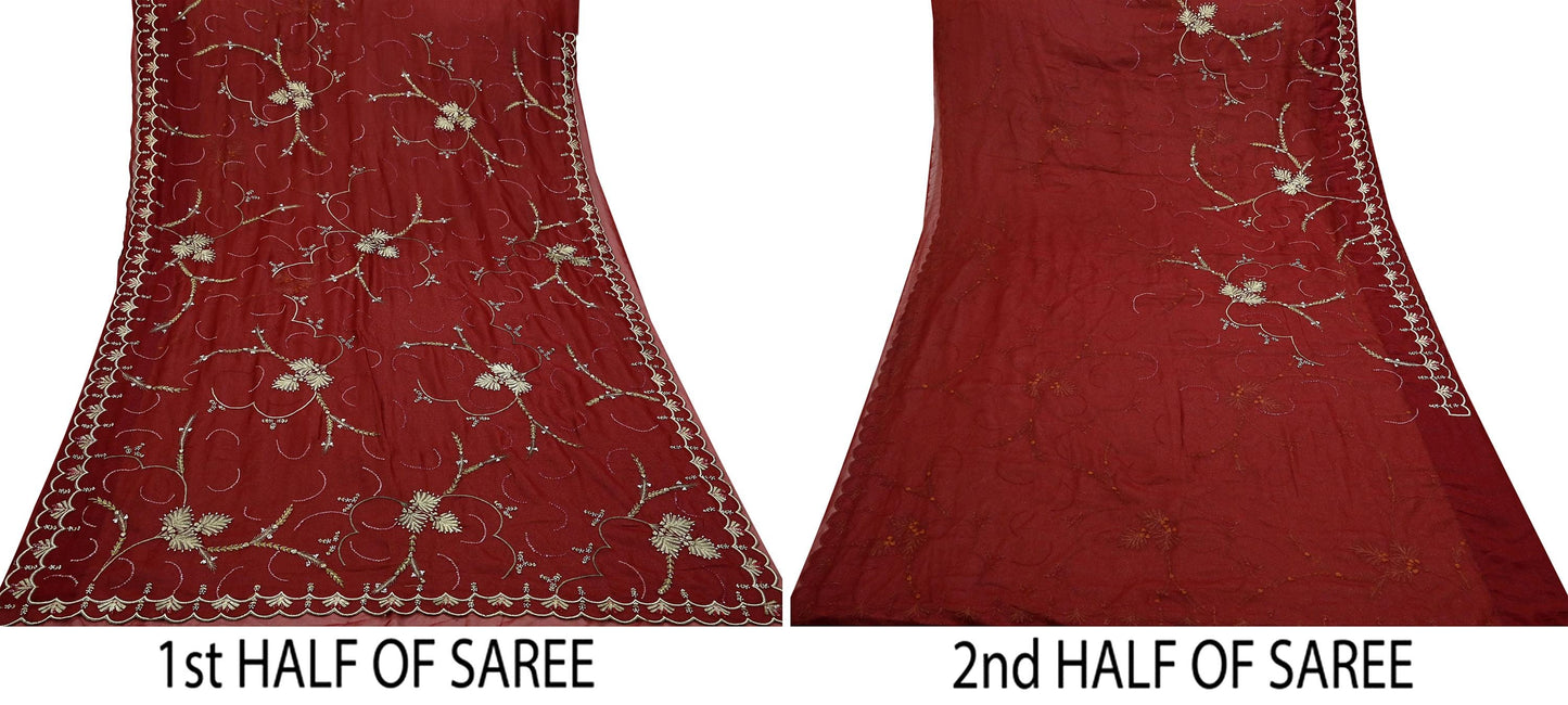 Indian Vintage Heavy Sarees Maroon Georgette Hand Embroidered Sari Fabric 5Yd Sewing Ethnic Zardozi/dabka zari Wedding sarees