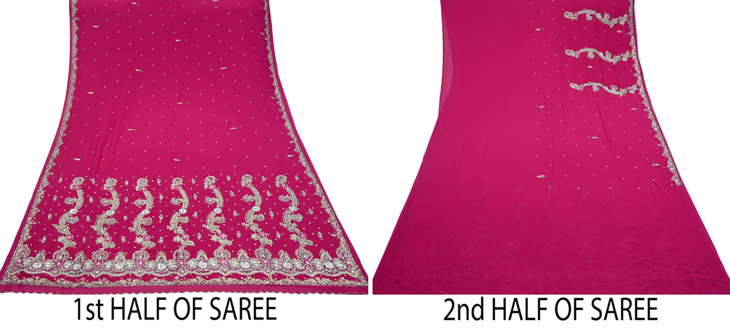 Indian Vintage Heavy Rani Pink Saree Georgette Hand Embroidered Sari Craft Fabric 6Yd Sewing Soft Ethnic Zari Dress Making wedding Sari