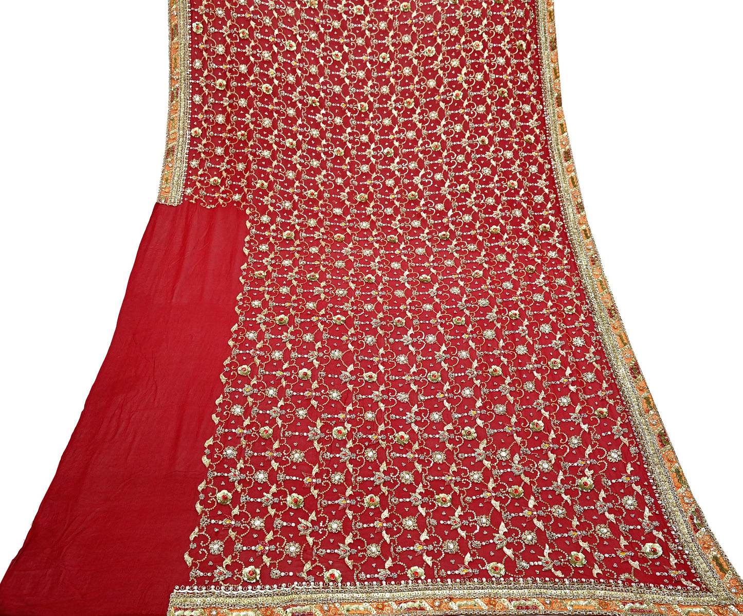 Indian Vintage Heavy Bridal Dupatta Red Pure Georgette Silk Long Stole Hand Embroidered Scarf Zardozi/Dabka Zari Wedding/Party Dupatta