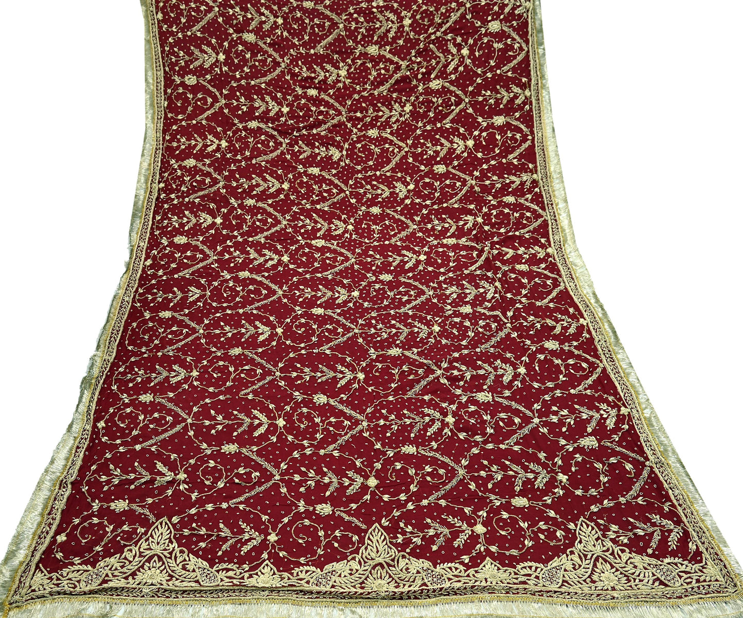 Indian Vintage Heavy Bridal Dupatta Maroon Pure Chiffon Silk Long Stole Hand Embroidered Hijab Scarf Zardozi/Dabka Zari Wedding Dupatta