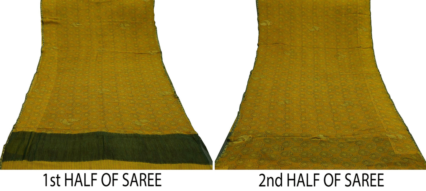 Women Vintage Sari Saffron & Green Pure Georgette Silk Printed Saree Craft Fabric Sewing 5Yard Soft Light Dress Making Floral Zari