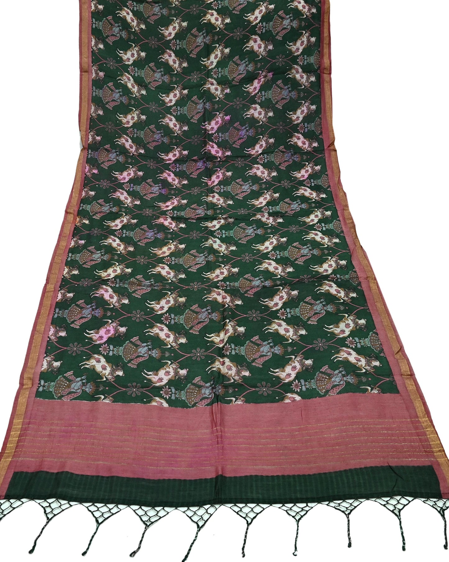 Indian Vintage Dupatta Green & Pink Long Stole Block Print Pure Chanderi Silk Scarves Veil Zari Wrap Hijab