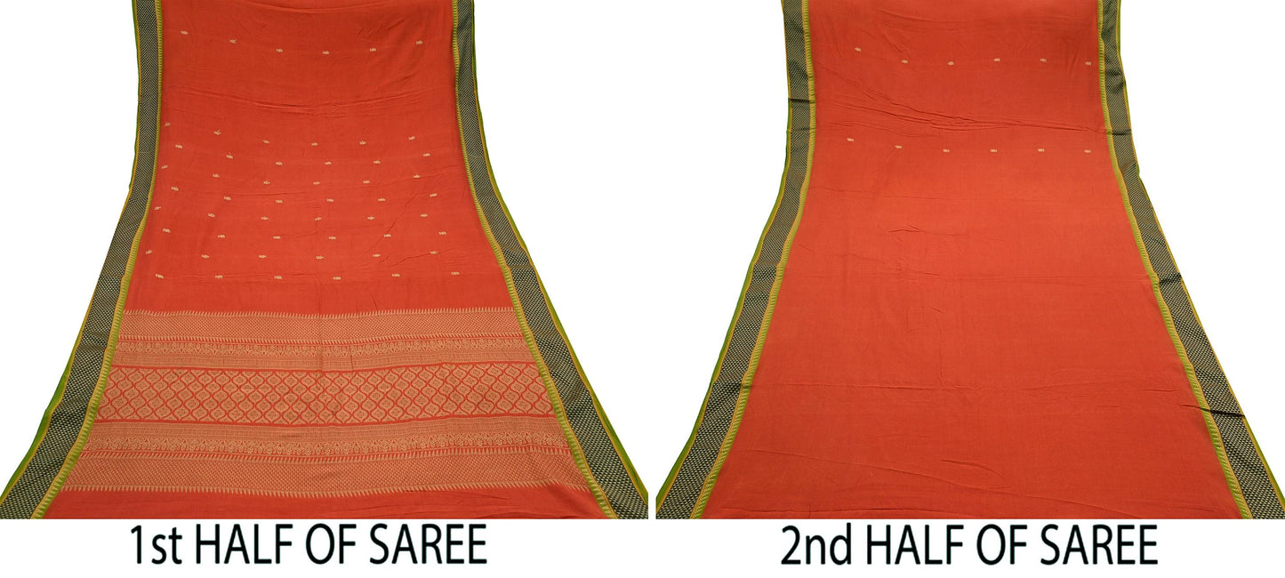 Indian Vintage Sari Orange Pure Cotton Hand Woven Sarees Craft Fabric 5-yards Ethnic Crafting Quilting Dress Making Quilting Upcycle