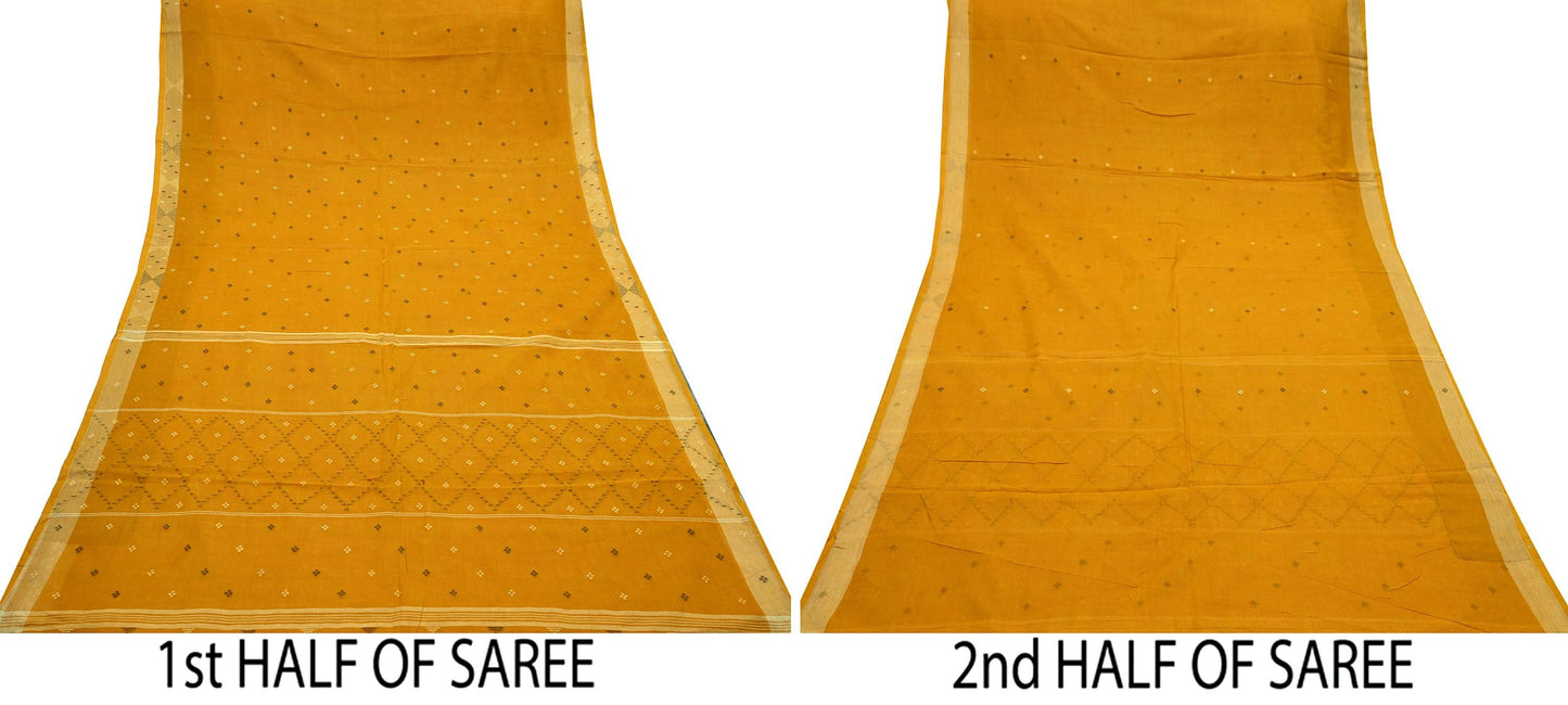 Indian Vintage Sari Mustard Pure Cotton Hand Woven Sarees Craft Fabric 5yd Ethnic Crafting Quilting Dress Making Quilting Upcycle
