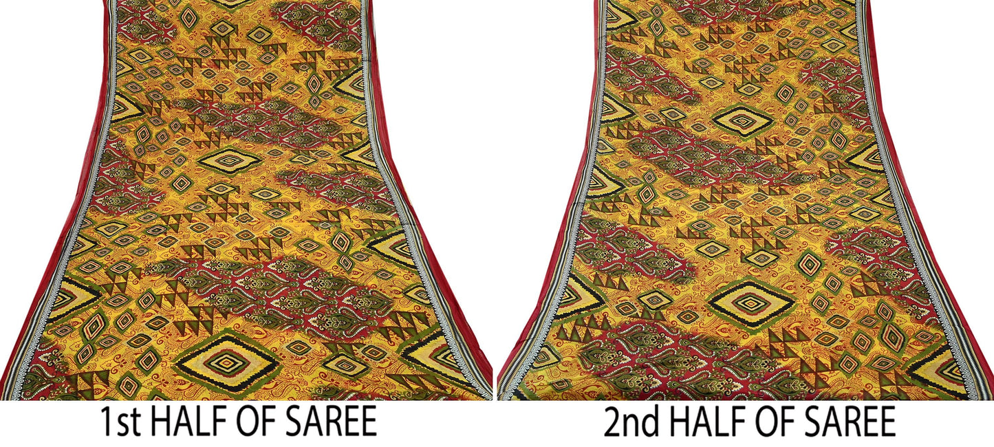 Indian Vintage Sari Yellow Printed Pure Cotton Sarees 5Yd Craft Fabric Soft Sewing Sarong Wrap Boho Upcycle quilting Dress making