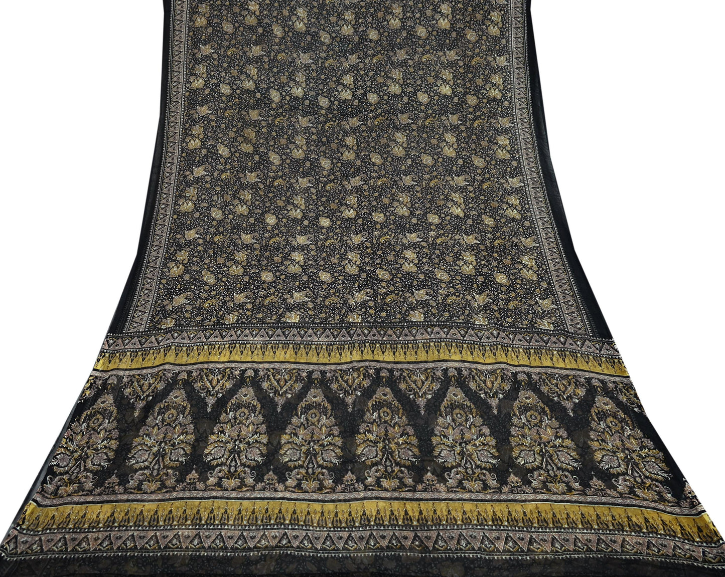 Indian Vintage Black Pure Chiffon Silk Saree | Printed Abstract Design | 5 Yards | Sheer Soft Fabric for Sewing, Dressmaking,