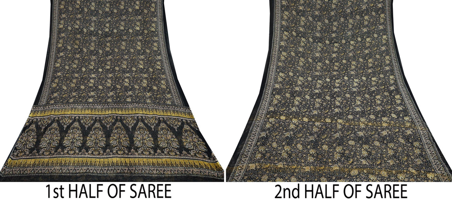 Indian Vintage Black Pure Chiffon Silk Saree | Printed Abstract Design | 5 Yards | Sheer Soft Fabric for Sewing, Dressmaking,