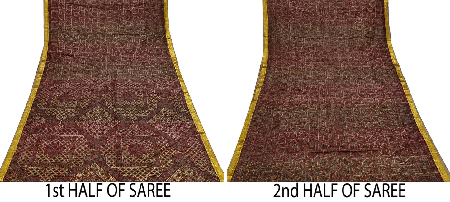 Indian Vintage Sari Brown Pure Silk Printed Saree Craft Fabric 6yard Sewing DressMaking Soft Wrap Abstract Zari Crafting Quilting Upcycle