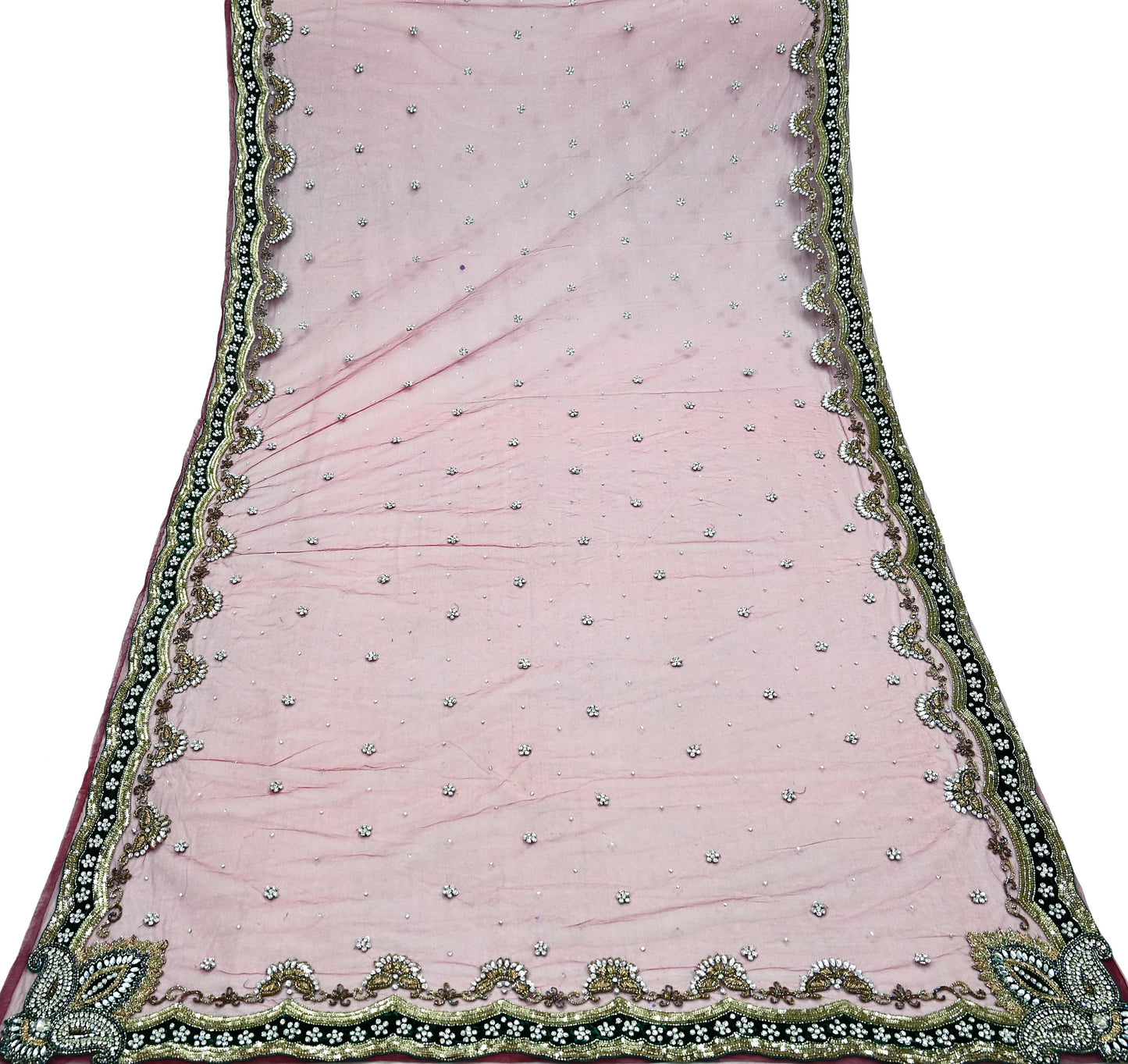 Indian Vintage Heavy Bridal Dupatta Pink Net Mesh Long Stole Hand Embroidered Scarves Sequins Glass Bead Wedding veil Wrap Boho