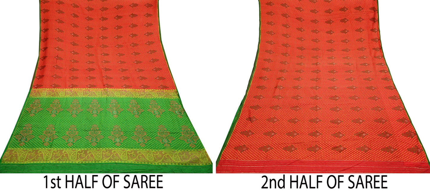 Vintage Handwoven Silk Saree, Red & Green Floral Fabric, 5.5 Yd