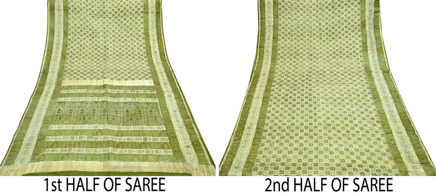 Indian Vintage Sari Green & Ivory Pure Silk Hand Woven Bandhani Gharchola Sarees 5yd Craft Fabric Sewing Zari Ethnic Bollywood sarees