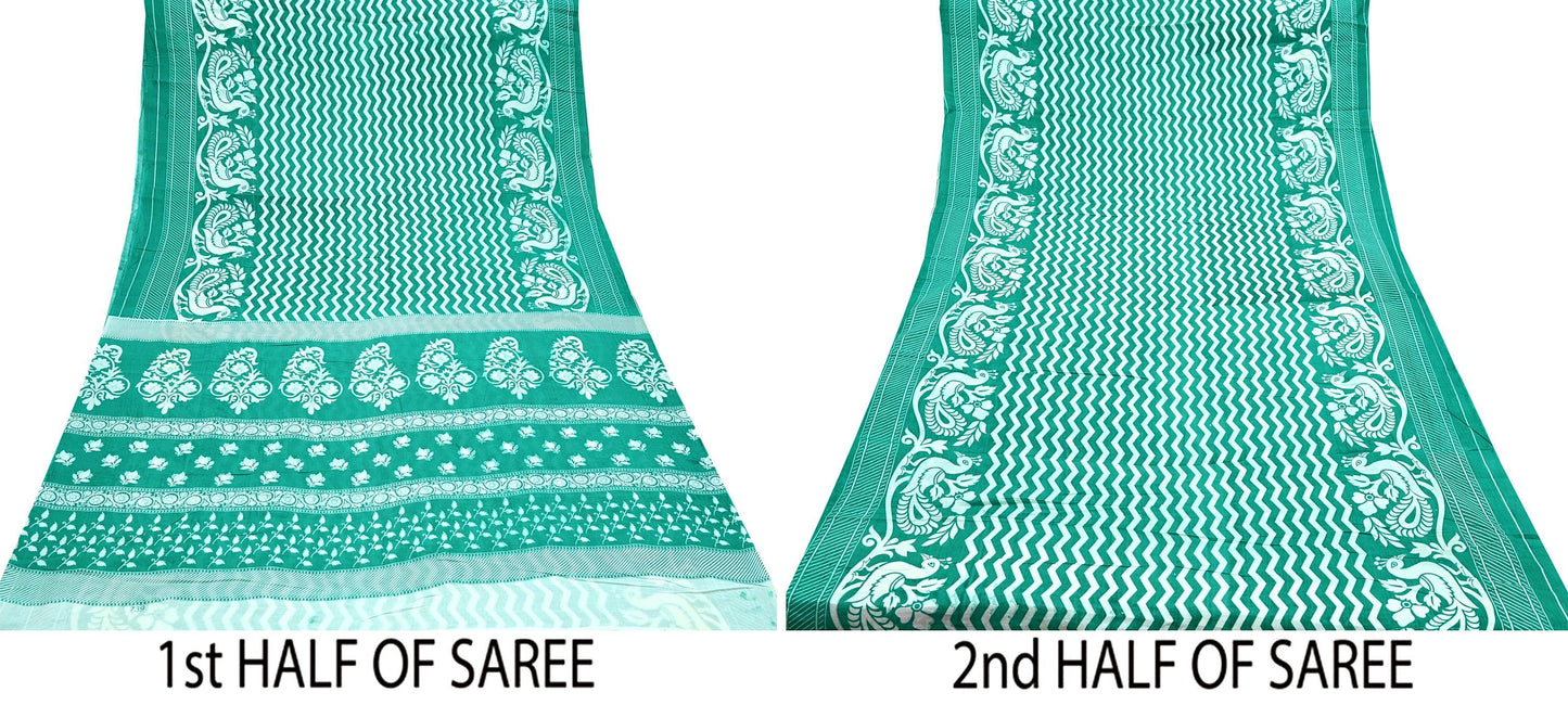 Indian Vintage Sari Green & White Printed Pure Cotton Sarees 5Yd Craft Fabric Soft Sewing Sarong Wrap Boho Upcycle quilting Dress making