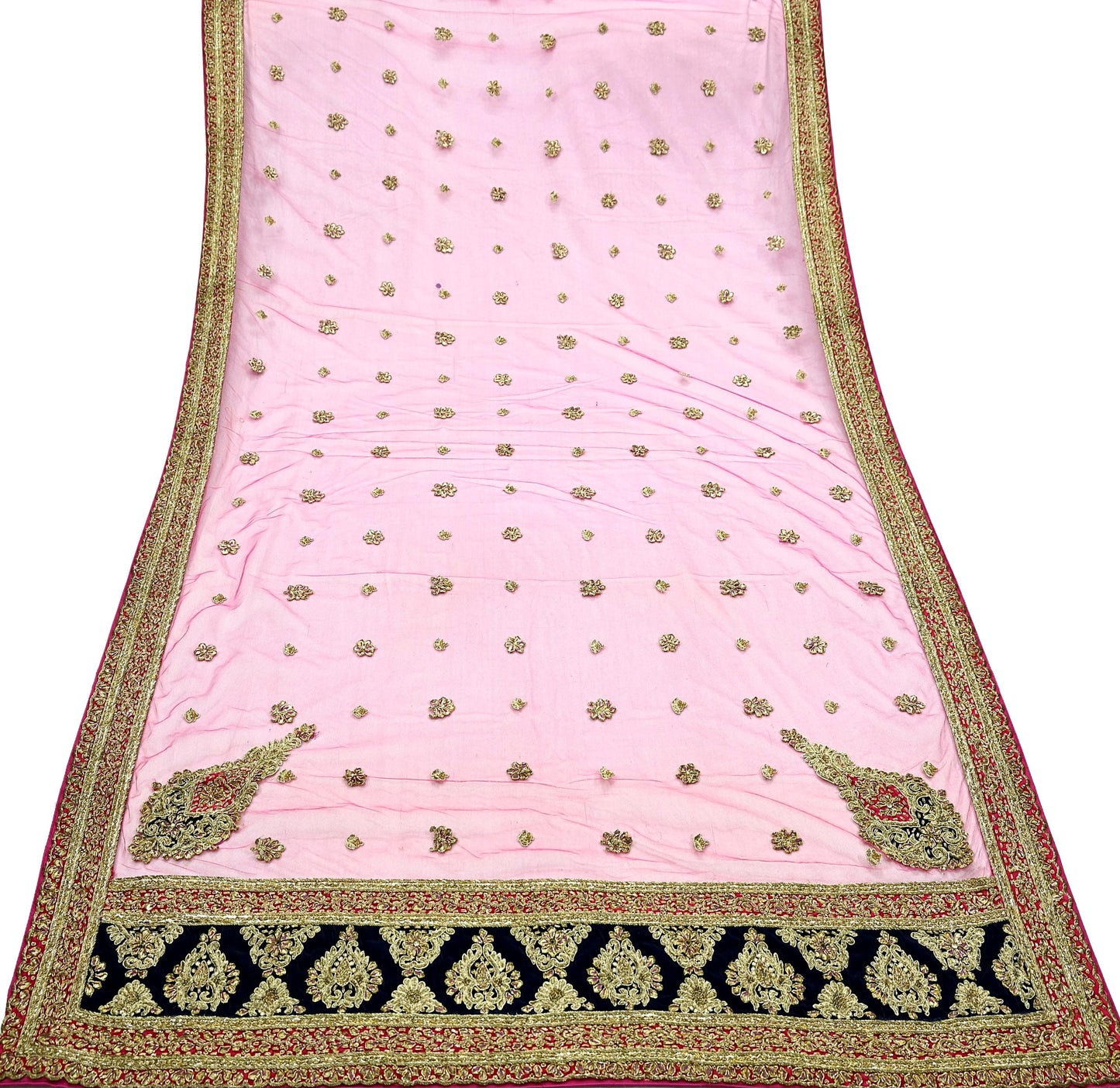 Indian Vintage Heavy Bridal Pink Dupatta Net Mesh Long Stole Hand Embroidered Scarves Golden Zardozi Dabka Zari Sequins Wedding Veil Hijab