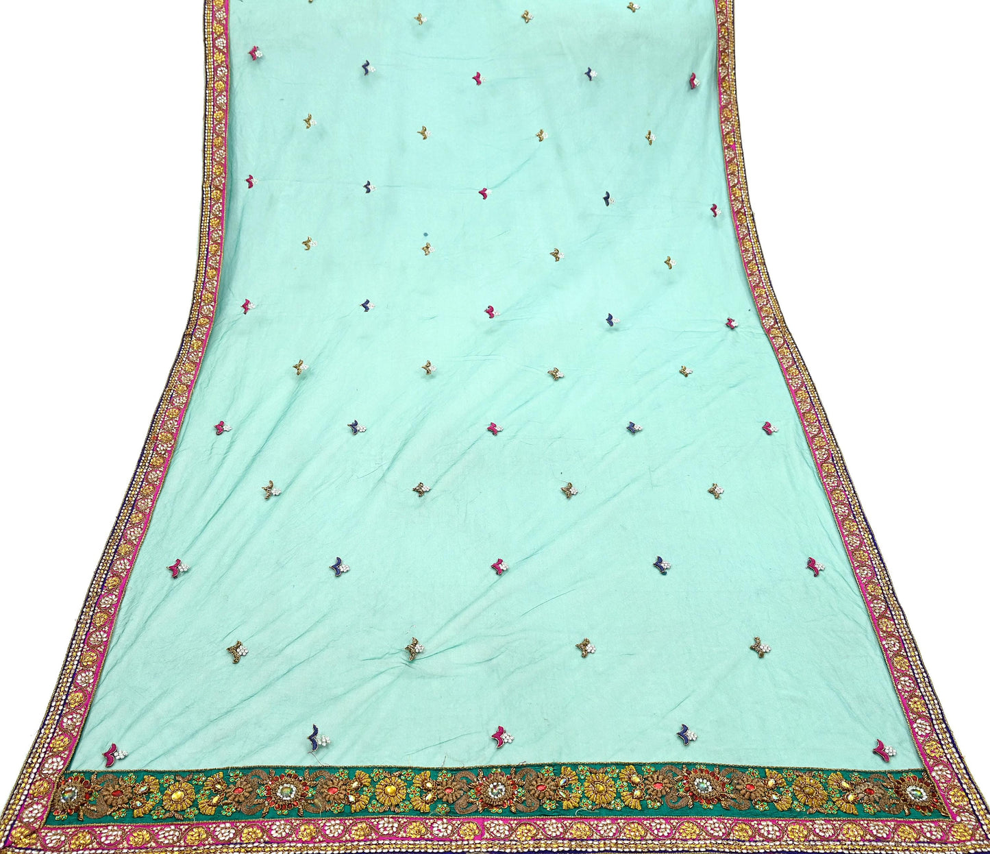 Indian Vintage Heavy Bridal Green Net Dupatta Hand Embroidered Zardozi Zari Sequins Stole Floral Design Hijab Veil Wedding/Party Wear