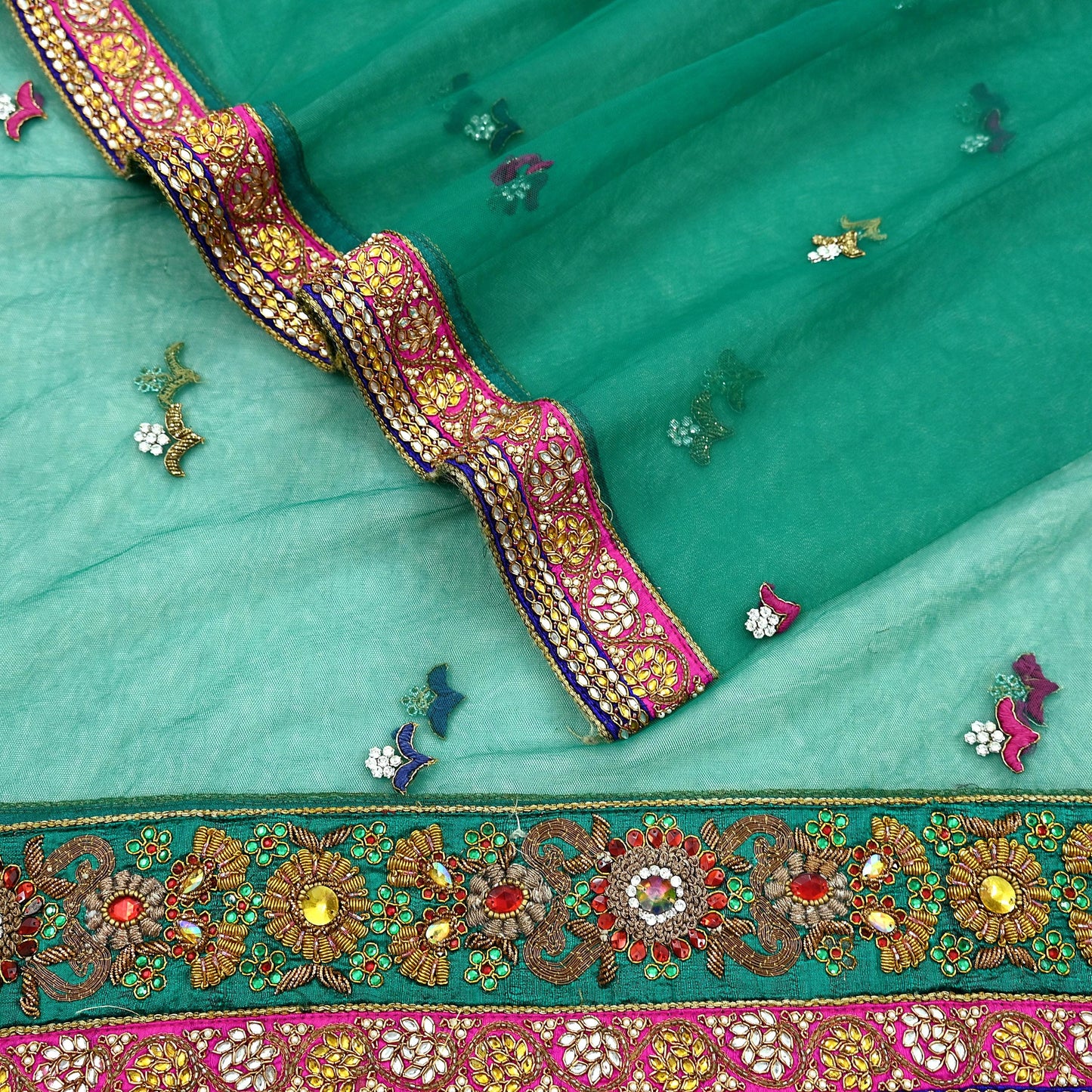Indian Vintage Heavy Bridal Green Net Dupatta Hand Embroidered Zardozi Zari Sequins Stole Floral Design Hijab Veil Wedding/Party Wear