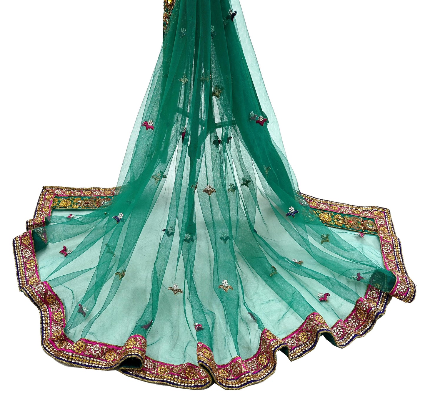 Indian Vintage Heavy Bridal Green Net Dupatta Hand Embroidered Zardozi Zari Sequins Stole Floral Design Hijab Veil Wedding/Party Wear