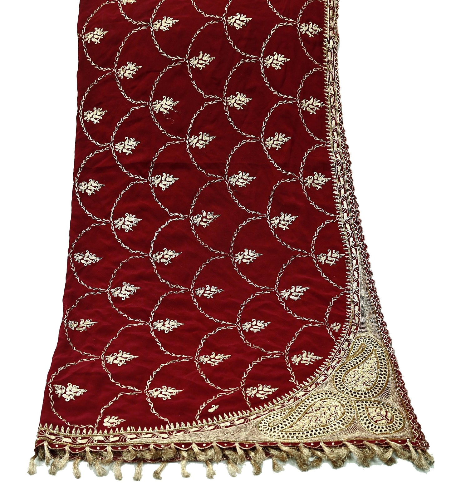Indian Vintage Heavy Wedding Maroon Dupatta Georgette Long Stole Hand Embroidered Scarves Golden Zardozi Zari Stole Paisley