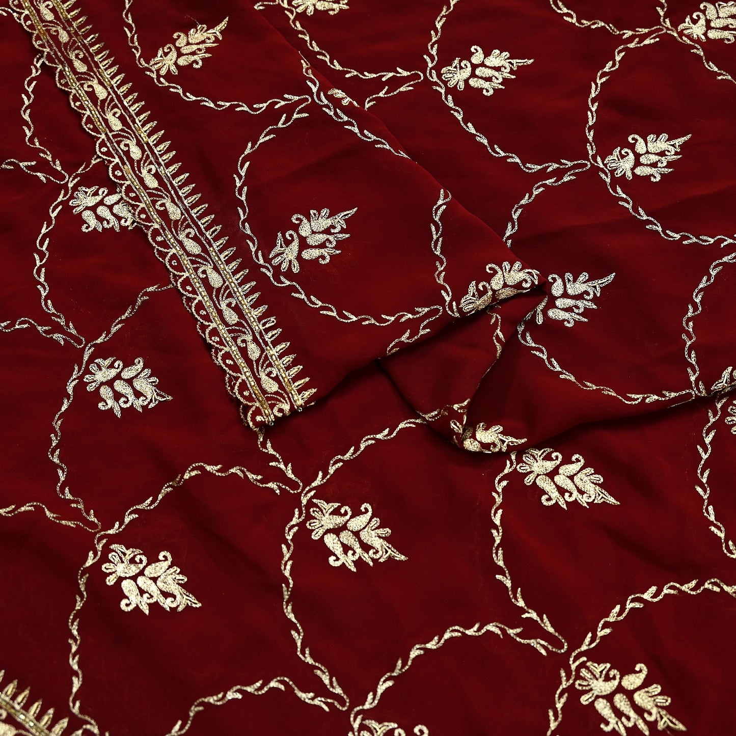 Indian Vintage Heavy Wedding Maroon Dupatta Georgette Long Stole Hand Embroidered Scarves Golden Zardozi Zari Stole Paisley
