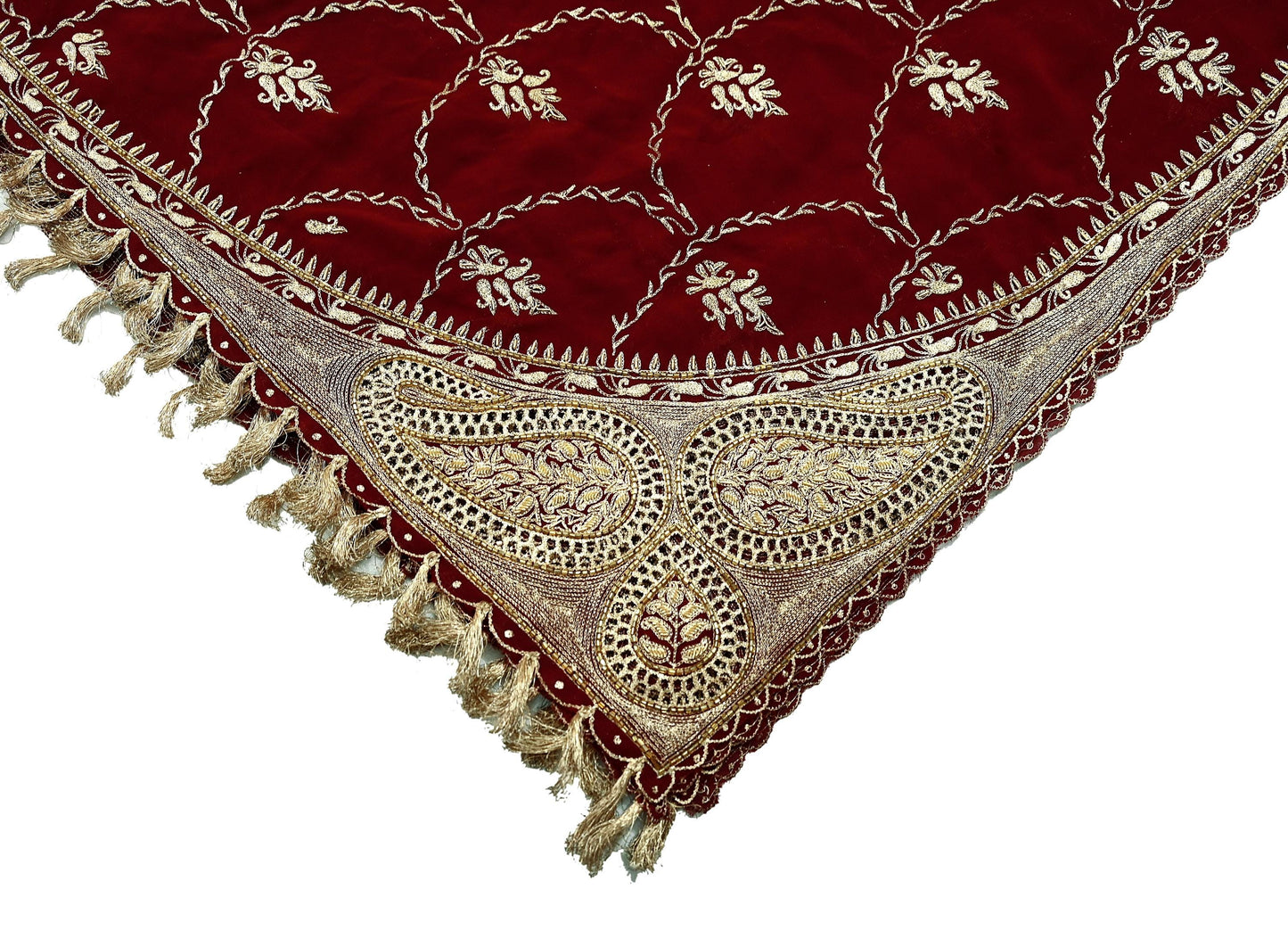 Indian Vintage Heavy Wedding Maroon Dupatta Georgette Long Stole Hand Embroidered Scarves Golden Zardozi Zari Stole Paisley