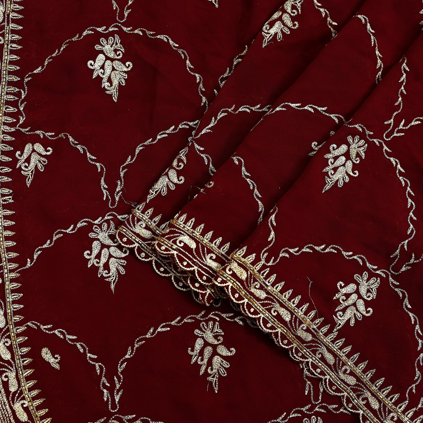 Indian Vintage Heavy Wedding Maroon Dupatta Georgette Long Stole Hand Embroidered Scarves Golden Zardozi Zari Stole Paisley