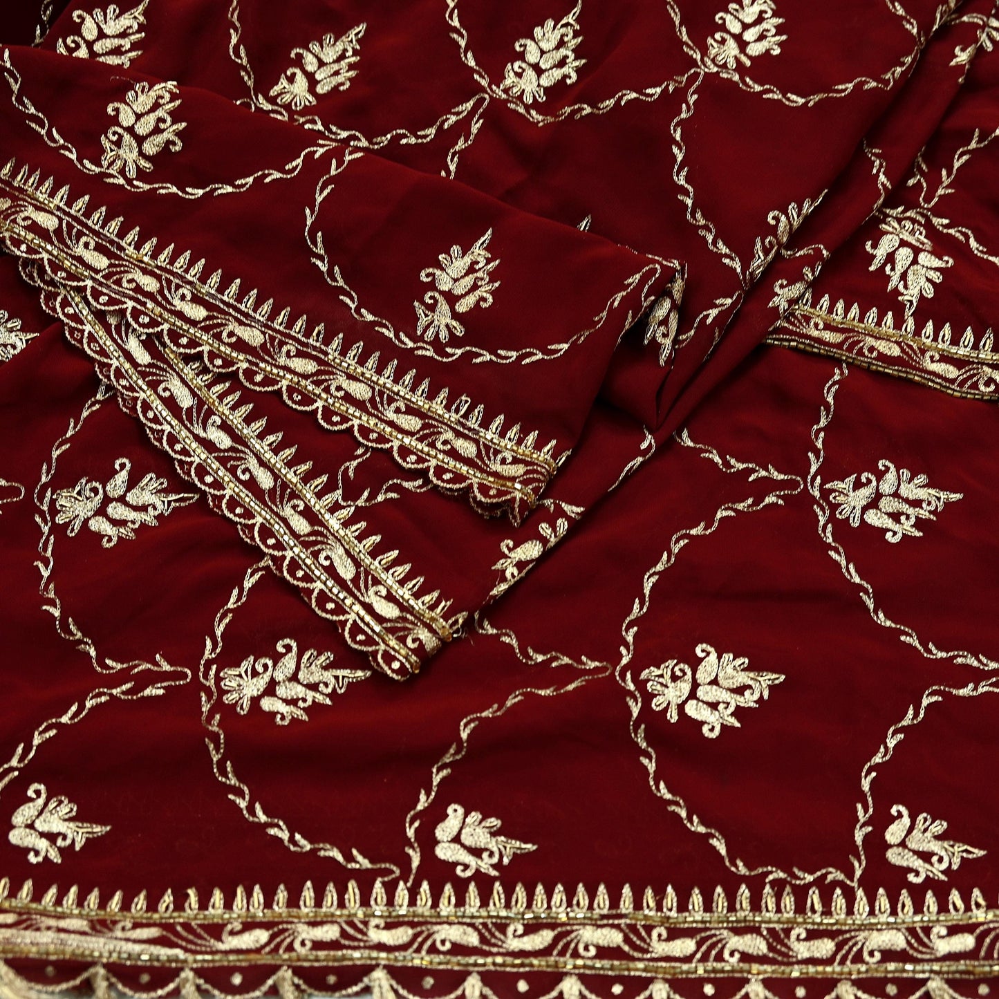 Indian Vintage Heavy Wedding Maroon Dupatta Georgette Long Stole Hand Embroidered Scarves Golden Zardozi Zari Stole Paisley
